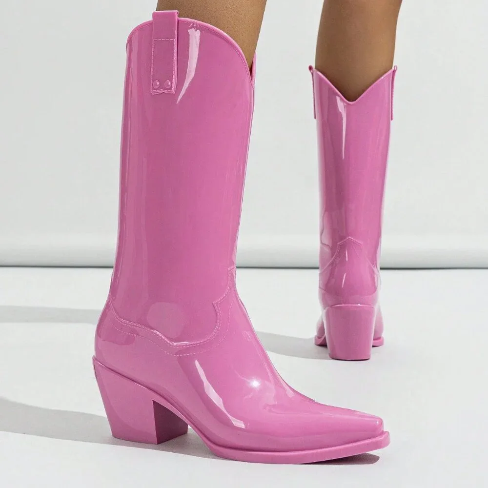 Glossy Pink Outdoor Women's Rain Boots